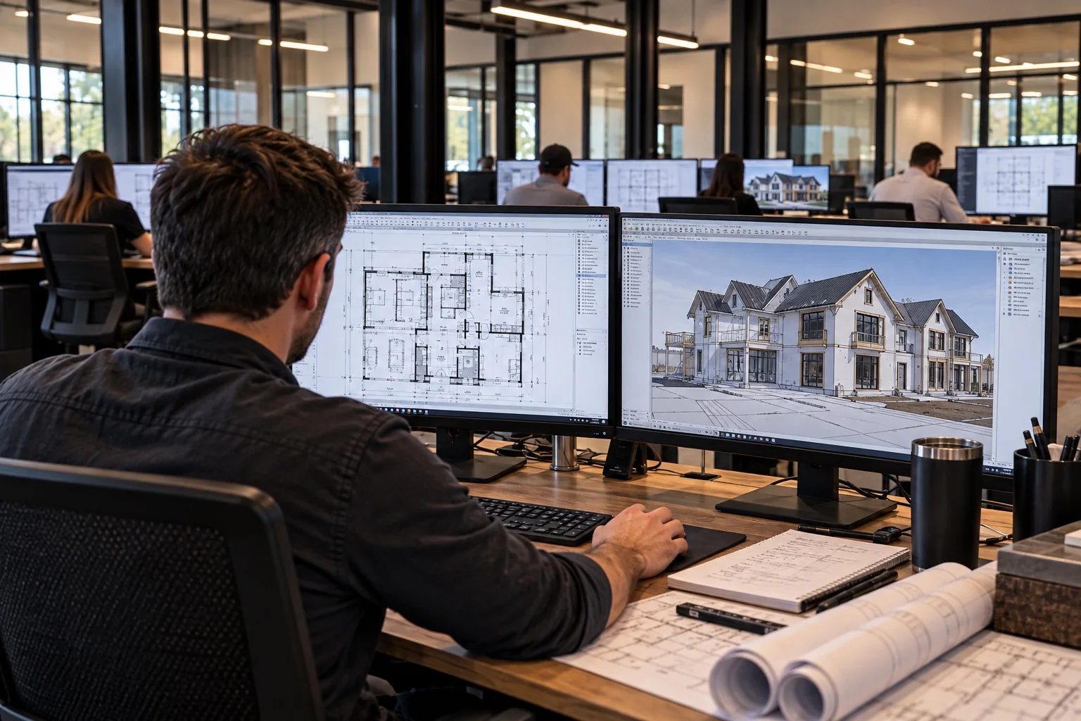 Concept illustration of a design studio with floor plans and a house model on dual monitors