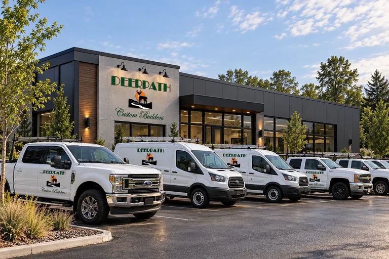 Deerpath-branded building with work trucks and vans parked outside
