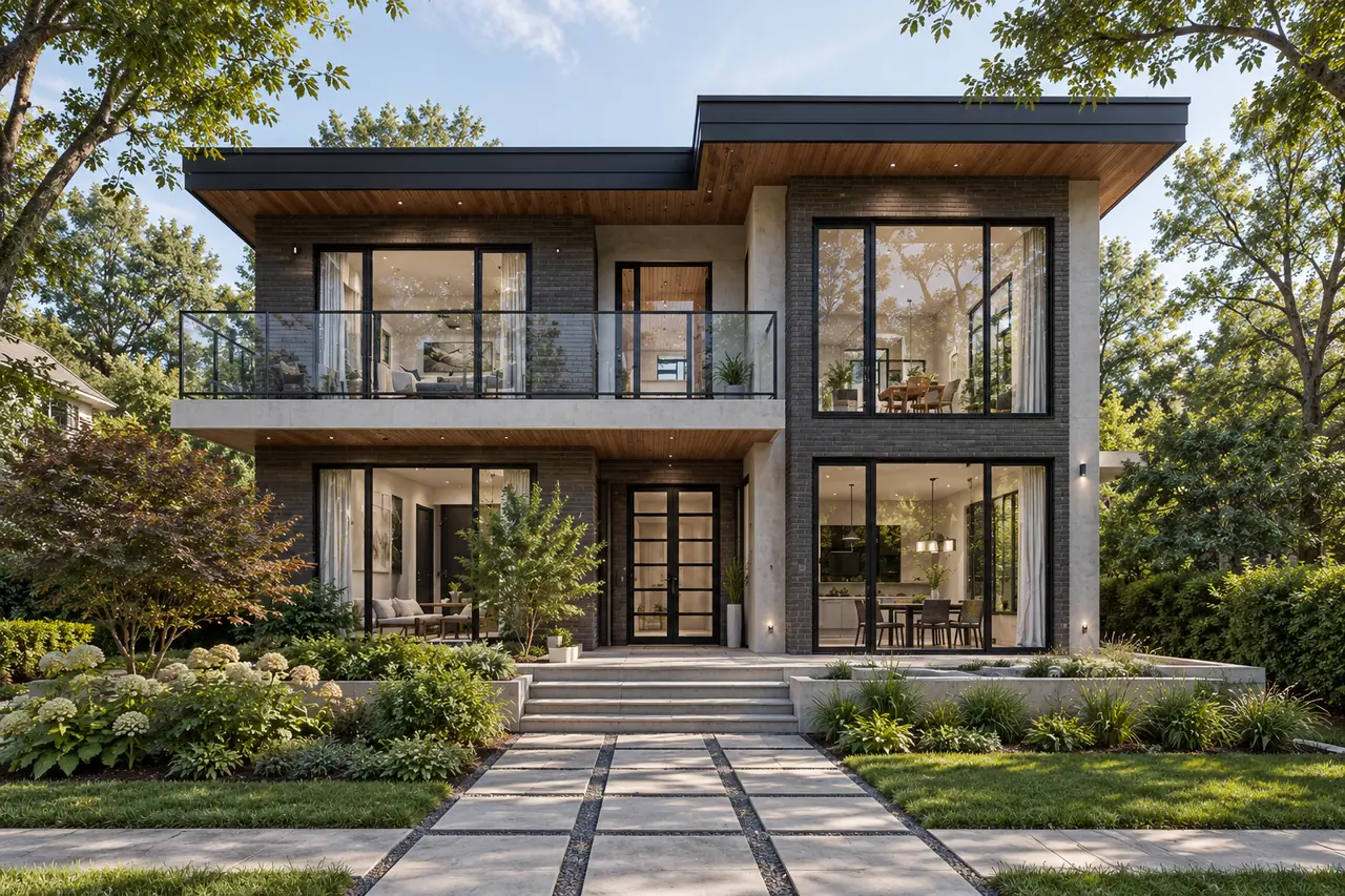 Metropolitan exterior architectural concept with natural materials and realistic daylight